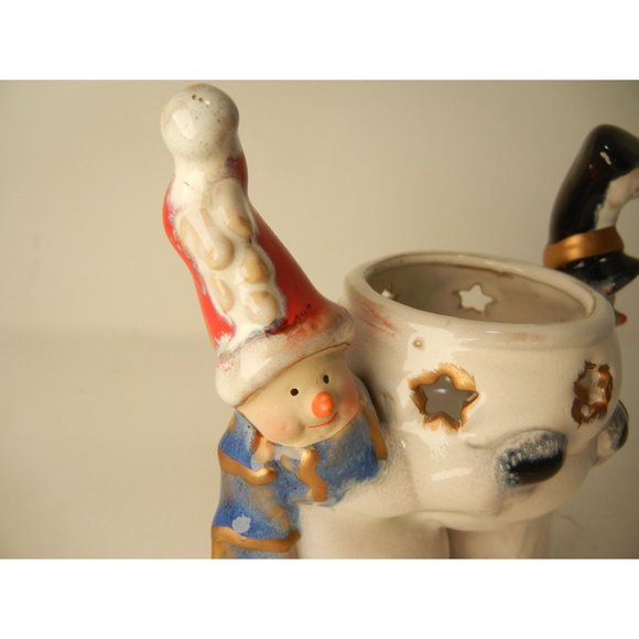 Holiday snowmen votive candle holder, 2 snowmen holding votive, luminary 6" X 5 - Picture 5 of 10
